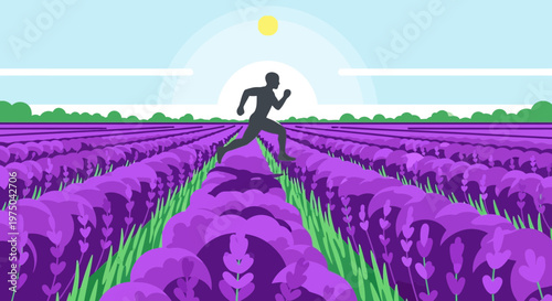 Man Running Through Vast Lavender Field Towards Sunrise