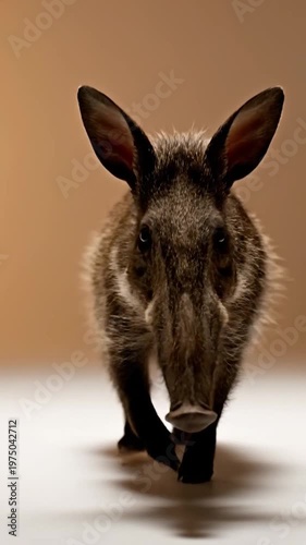 A small furry mammal with a long snout walks forward against a plain studio background