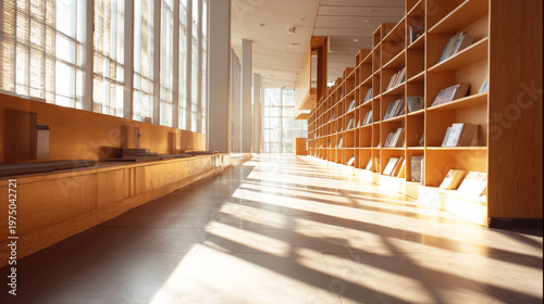 Library interior showcasing wooden shelves filled with books, a long reading bench, and sunlight streaming through windows