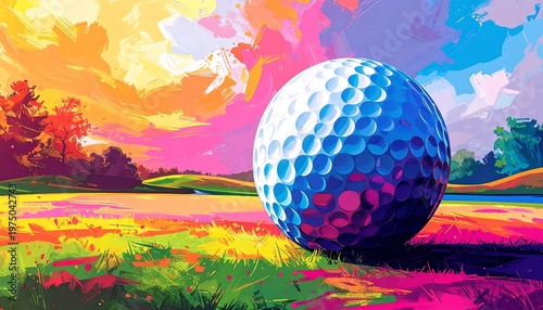 A vibrant, colorful golf ball sits on the grass, with a vivid landscape of trees and sky surrounding it