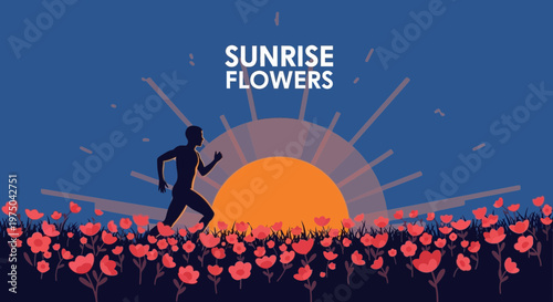 Man Running Through Vibrant Poppy Field At Sunrise Digital Art