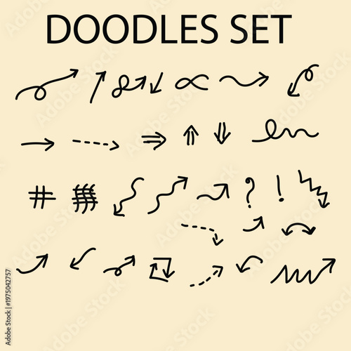 Hand drawn black arrow doodle set with signs and wavy pointers isolated on yellow background