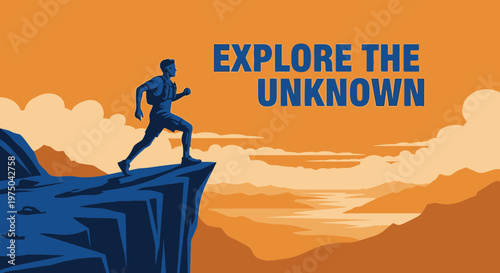 Man Running Towards Adventure On Mountain Peak Overlooking Vast Landscape