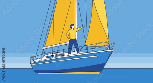 Man Standing on Sailboat Deck Pointing Towards Horizon
