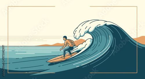 Man Surfing Big Ocean Wave Energetic Coastal Sport Illustration