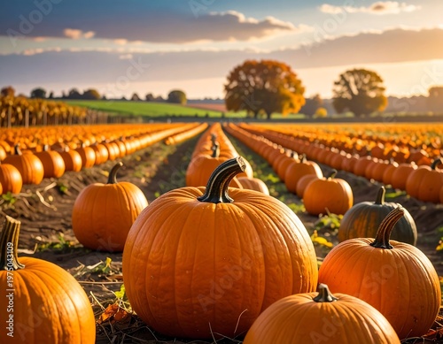 A vibrant autumnal scene of an expansive pumpkin patch, bathed in golden sunlight. Rows of pumpkins stretch into the distance