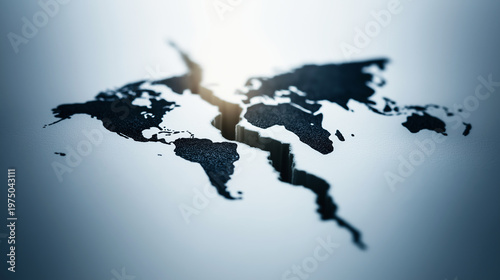 World map fracturing with a deep crack separating continents, illustrating global problems, division, and geopolitical instability