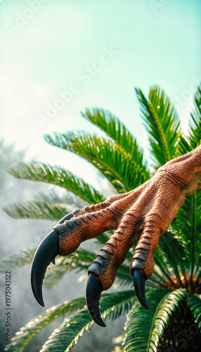 Detailed Therizinosaurus dinosaur claw with dark keratin talons. Prehistoric reptile hand with scaly skin in a tropical environment. Vertical photo