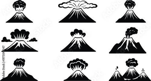 Volcano eruption silhouette set, volcanic explosion icons collection, mountain blast vector illustration pack