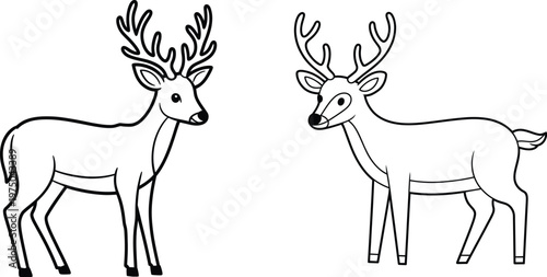 Hand drawn deer illustration, elegant stag silhouettes with antlers wildlife vector outline design