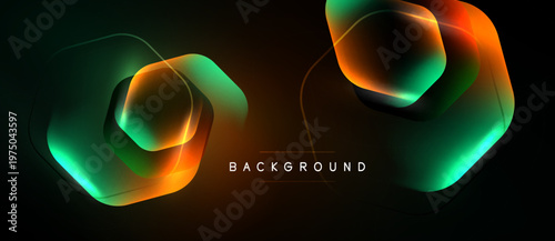 Abstract geometric shapes overlap, creating vibrant color gradients. Dark background emphasizes glowing neon effects, modern design element.