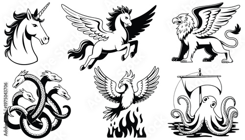 Mythical Creatures Collection Black and White Vector Art Keywords: unicorn, pegasus, griffin