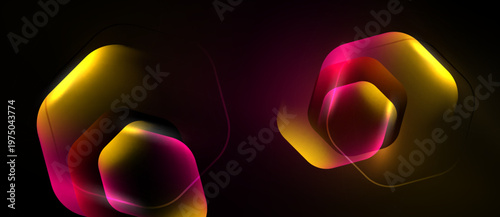 Abstract shapes, vibrant colors, layered design. Gold, pink, purple hues create dynamic visual effect on black background.