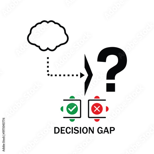 Decision gap concept with cloud brain checkmark x mark question mark icons decision question checkmark solution analysis uncertainty illustration abstract
