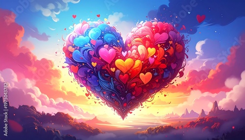 A vibrant, colorful heart shape composed of many smaller hearts floats amidst a sunset sky. The scene is filled with bright colors and a dreamy atmosphere