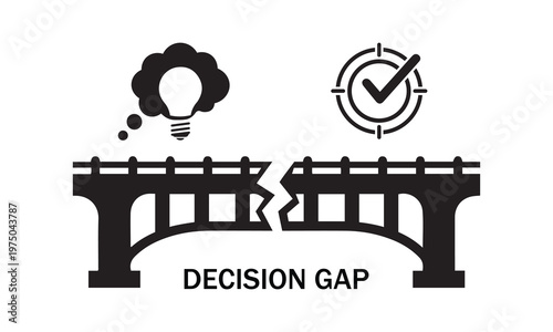 Decision gap icon with broken bridge lightbulb thought bubble target checkmark decision lightbulb checkmark solution illustration abstract minimalist communicatio