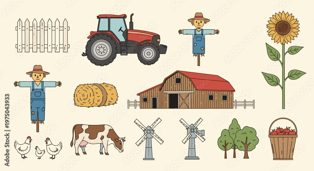 Naklejka premium Charming rural farm elements illustration: barn tractor animals and nature set
