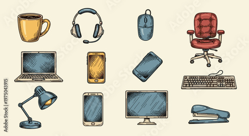 Vintage Doodle Set of Office and Home Remote Work Items Top View Illustration