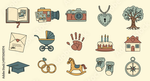 Family Life Journey Hand-Drawn Icons Collection: Memories Growth and Milestones Vector