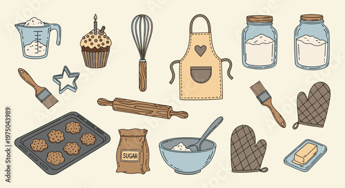 Illustration of assorted baking tools and ingredients for homemade cooking fun