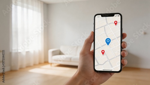 A person using a smartphone to navigate with a map on the screen in a modern living room.