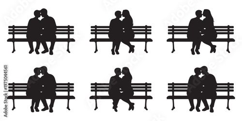 Romantic Couple Silhouettes on Benches Graphic Set