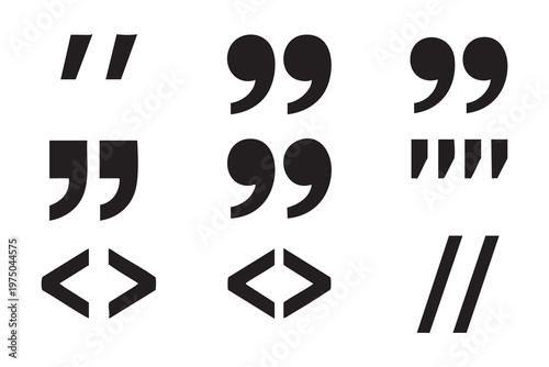 Quotation mark vector set includes various types of punctuation symbols isolated on white background