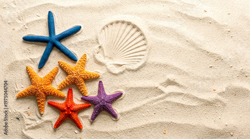 Colorful starfish on sandy beach with seashell imprint summer background copy space concept