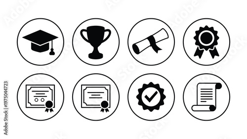 Graduation awards icon set, flat vector collection featuring diplomas, certificates, medals, trophies, and academic symbols for school, university, e-learning platforms, education branding, and profes