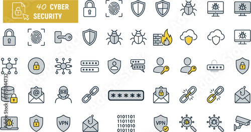 Collection of 40 cyber security icons in line style