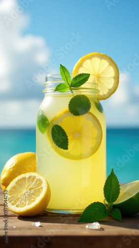 A jar filled with fresh lemonade ingredients including sliced lemons and mint leaves