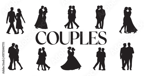 Silhouettes of diverse couples in romantic poses with text