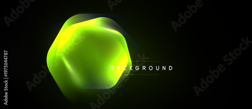 Abstract hexagon shape glows brightly against dark background. Vivid green, yellow hues create dynamic visual effect. Modern design element.