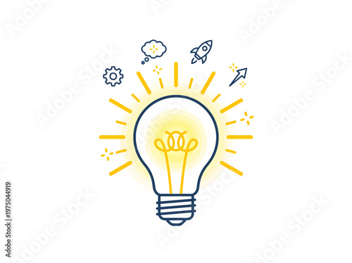 Bright Idea Light Bulb with Icons Representing Innovation and New Concepts
