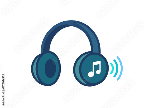 Vibrant blue wireless headphones with a musical note and sound waves, representing a clear and immersive audio experience for entertainment and personal listening