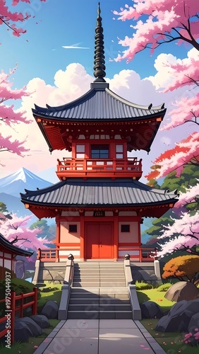 A vibrant, colorful illustration of a multi-tiered pagoda surrounded by blooming cherry blossom trees and mountains