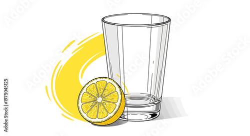 Drawing of lemon slice next to a tall clear drinking glass