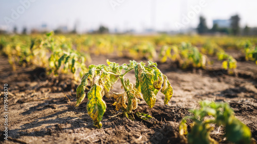Wilting plant in dry field showing drought conditions, water scarcity, and climate change impact on agriculture