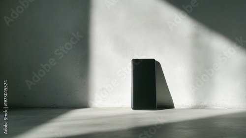 Smartphone leaning on textured wall, creating shadows with minimalism and copy space for digital content