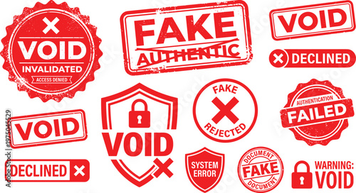 Collection of Red Grunge Rubber Stamps and Vector Icons Featuring Fake Void Declined Authentication Failed System Error and Invalidated Document Signs