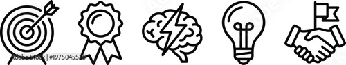 A set of five black line icons on a including a target with an arrow, a rosette award ribbon, a brain with a lightning bolt, a lightbulb, and two hands shaking with a flag