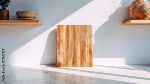 Minimal kitchen interior with wooden chopping board on counter, morning sunlight creating shadows
