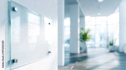 Clear glass information display board on a bright office wall, offering blank space for customizable messaging
