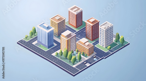 Clean isometric view of a city block in flat vector style.