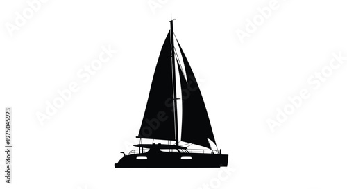 A striking black silhouette of a sailboat on a white background
