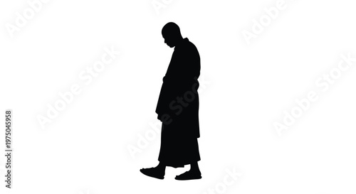 A contemplative monk walks depicted in a stark black silhouette
