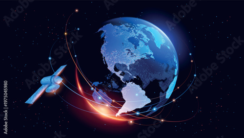 Tech futuristic background. Abstract vector. Sunrise. Satellites and rockets in orbit of planet Earth. Plasma clot of energy. Glowing rays with flickering particles. Science and technology.