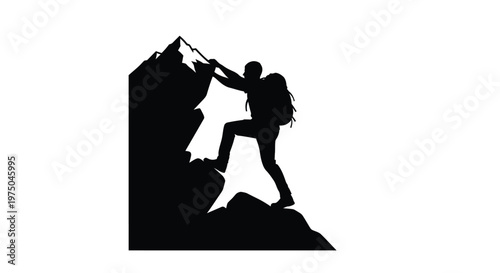 A climber ascends a rocky mountain depicted in stark silhouette
