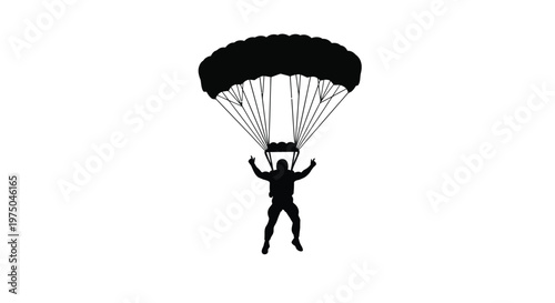 A skydiver descending with an open parachute stark black silhouette