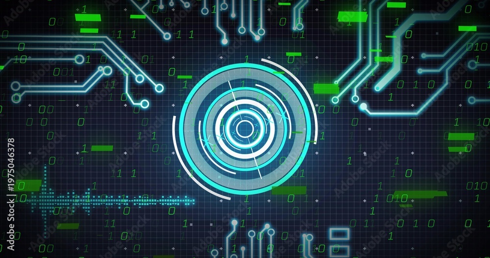 Obraz premium Displaying central concentric HUD pulsing on virtual grid, showing neon circuit traces and binary